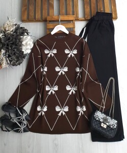 GAMEZ TAŞLI FİYONK DESENLİ TRİKO TUNİK 8151-37-KAHVE - 