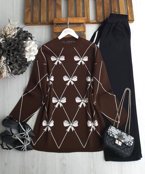 GAMEZ TAŞLI FİYONK DESENLİ TRİKO TUNİK 8151-37-KAHVE - 1