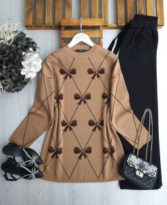 GAMEZ TAŞLI FİYONK DESENLİ TRİKO TUNİK 8151-48-BİSKÜVİ - 