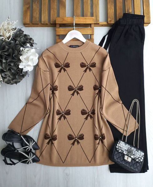 GAMEZ TAŞLI FİYONK DESENLİ TRİKO TUNİK 8151-48-BİSKÜVİ - 1