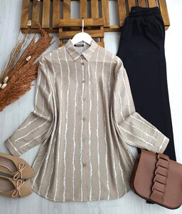 GAMZE ÇİZGİLİ TRİL TRİL KETEN GÖMLEK B11-4-5435-34-BEJ - 