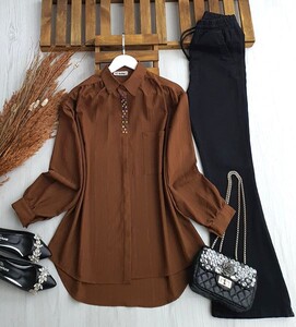 GANE RENKLİ TAŞ İŞLEMELİ GÖMLEK B3-4-5416-37-KAHVE - 