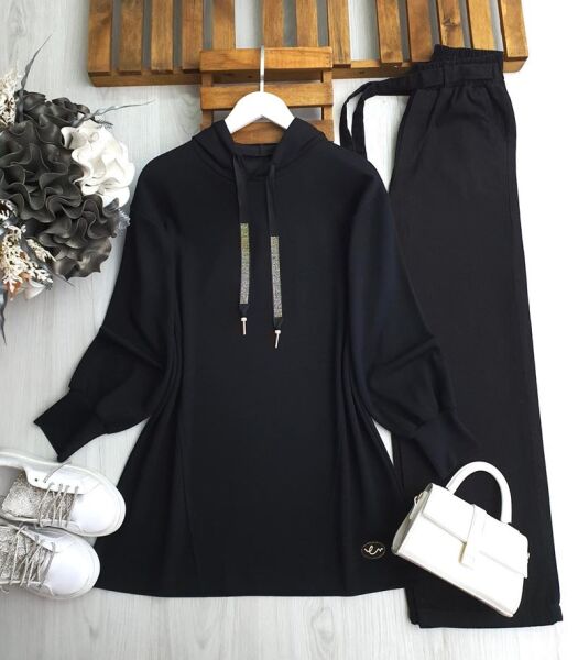 GAWE TAŞLI BAĞCIKLI ARMALI KAPŞONLU TUNİK B3-4-5612-01-SİYAH - 1