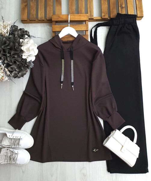 GAWE TAŞLI BAĞCIKLI ARMALI KAPŞONLU TUNİK B3-4-5612-37-KAHVE - 1