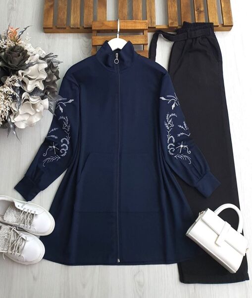 GEAL KOLU NAKIŞLI FERMUARLI GENİŞ KALIP KAP B4-4-5605-12-LACİVERT - 1