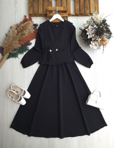 GESLAS YAN BAĞLAMA YELEK BELİ LASTİKLİ ELBİSE TAKIM 2416-01-SİYAH - 