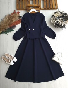 GESLAS YAN BAĞLAMA YELEK BELİ LASTİKLİ ELBİSE TAKIM 2416-12-LACİVERT - 