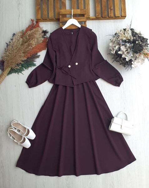 GESLAS YAN BAĞLAMA YELEK BELİ LASTİKLİ ELBİSE TAKIM 2416-18-MÜRDÜM - 1