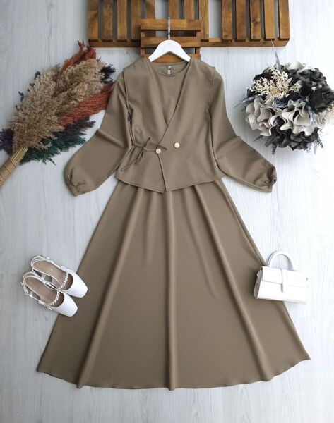 GESLAS YAN BAĞLAMA YELEK BELİ LASTİKLİ ELBİSE TAKIM 2416-25-VİZON - 1