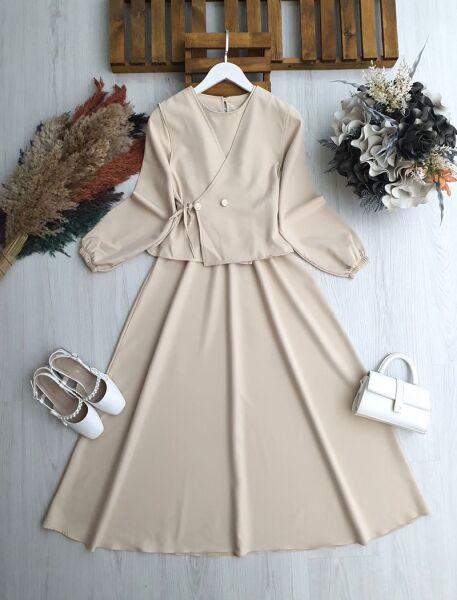 GESLAS YAN BAĞLAMA YELEK BELİ LASTİKLİ ELBİSE TAKIM 2416-34-BEJ - 1
