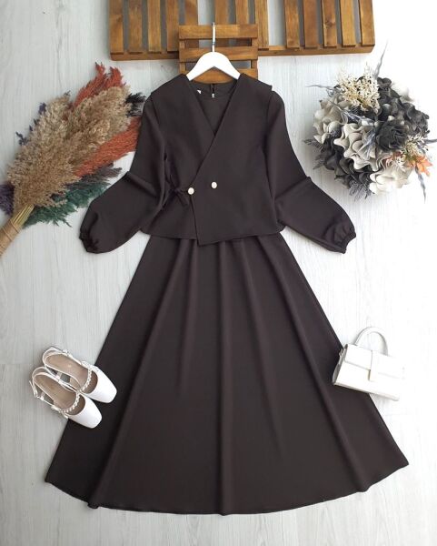 GESLAS YAN BAĞLAMA YELEK BELİ LASTİKLİ ELBİSE TAKIM 2416-37-KAHVE - 1