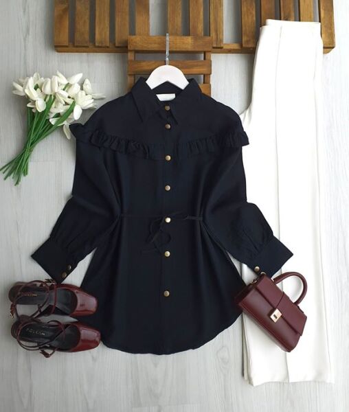 GEVEN OMUZ ÖN ARKA FIRFIRLI SALAŞ GÖMLEK TUNİK 5705-01-SİYAH - 1