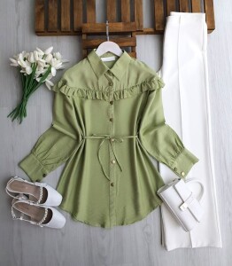 GEVEN OMUZ ÖN ARKA FIRFIRLI SALAŞ GÖMLEK TUNİK 5705-07-YEŞİL - 