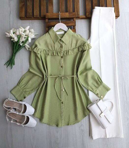 GEVEN OMUZ ÖN ARKA FIRFIRLI SALAŞ GÖMLEK TUNİK 5705-07-YEŞİL - 1