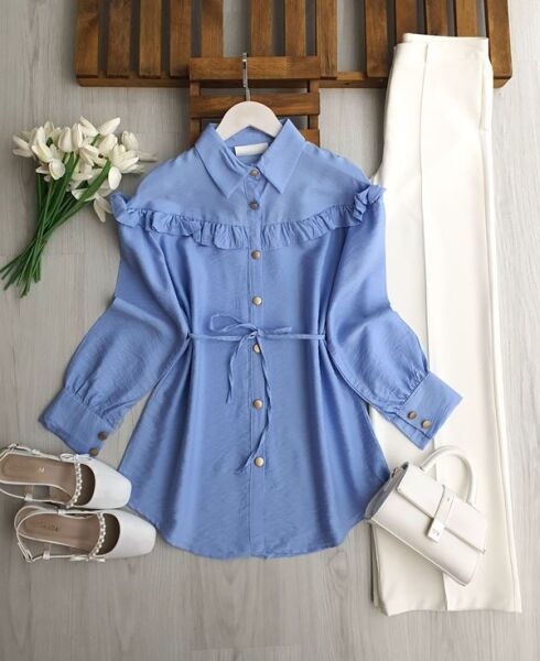 GEVEN OMUZ ÖN ARKA FIRFIRLI SALAŞ GÖMLEK TUNİK 5705-10-MAVİ - 1