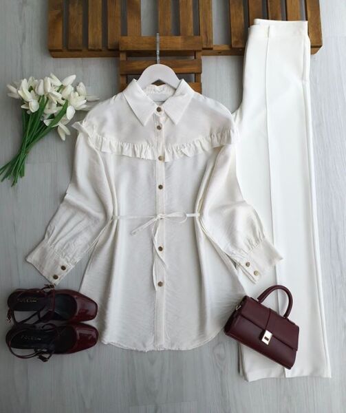 GEVEN OMUZ ÖN ARKA FIRFIRLI SALAŞ GÖMLEK TUNİK 5705-20-BEYAZ - 1