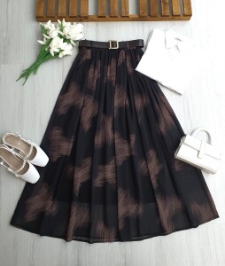 GEVES DALGALI DESENLİ DERİ KEMERLİ BELİ LASTİKLİ ASTARLI ŞİFON ETEK B3-1 6107-01-SİYAH - 1