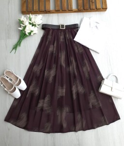 GEVES DALGALI DESENLİ DERİ KEMERLİ BELİ LASTİKLİ ASTARLI ŞİFON ETEK 6107-18-MÜRDÜM - 