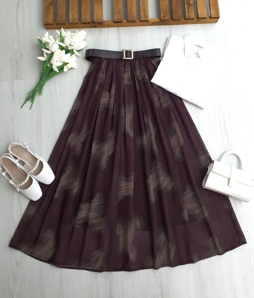 GEVES DALGALI DESENLİ DERİ KEMERLİ BELİ LASTİKLİ ASTARLI ŞİFON ETEK 6107-18-MÜRDÜM - 1