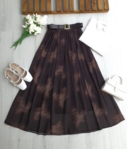 GEVES DALGALI DESENLİ DERİ KEMERLİ BELİ LASTİKLİ ASTARLI ŞİFON ETEK B3-1 6107-37-KAHVE - 1