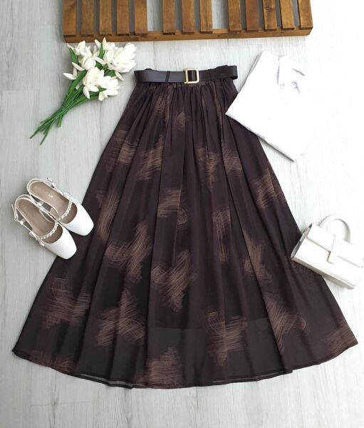 GEVES DALGALI DESENLİ DERİ KEMERLİ BELİ LASTİKLİ ASTARLI ŞİFON ETEK B3-1 6107-37-KAHVE - 1