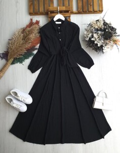 GİDUS YAN BAĞLAMA PARÇALI BELİ LASTİKLİ ELBİSE A7-6-2417-01-SİYAH - 1