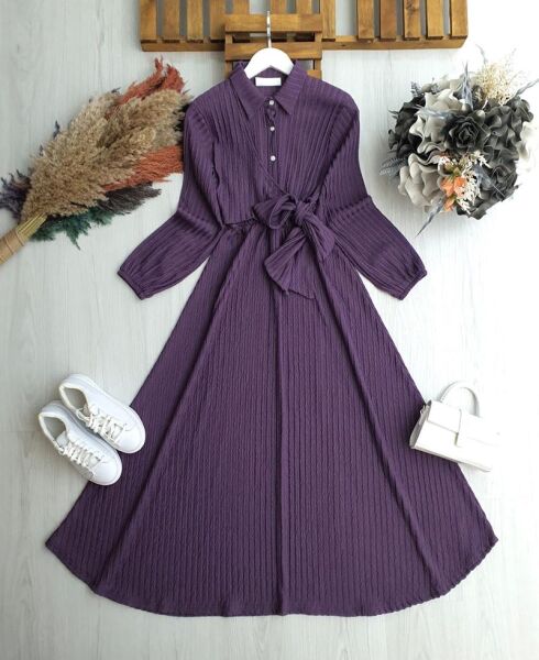 GİDUS YAN BAĞLAMA PARÇALI BELİ LASTİKLİ ELBİSE A7-6-2417-02-MOR - 1