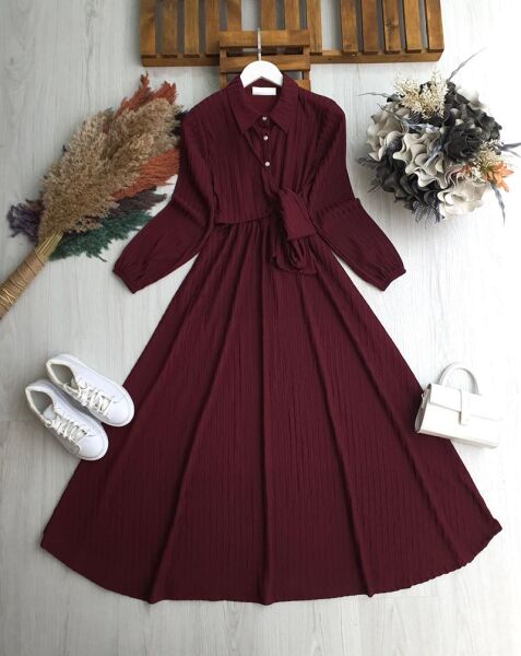 GİDUS YAN BAĞLAMA PARÇALI BELİ LASTİKLİ ELBİSE A7-6-2417-04-BORDO - 1