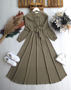 GİDUS YAN BAĞLAMA PARÇALI BELİ LASTİKLİ ELBİSE A7-6-2417-09-HAKİ - 1