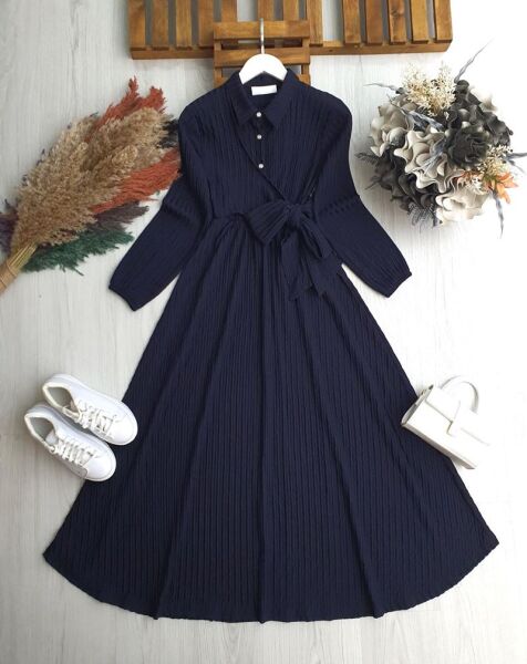 GİDUS YAN BAĞLAMA PARÇALI BELİ LASTİKLİ ELBİSE A7-6-2417-12-LACİVERT - 1