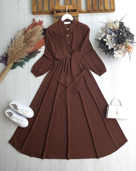 GİDUS YAN BAĞLAMA PARÇALI BELİ LASTİKLİ ELBİSE A7-6-2417-37-KAHVE - 1