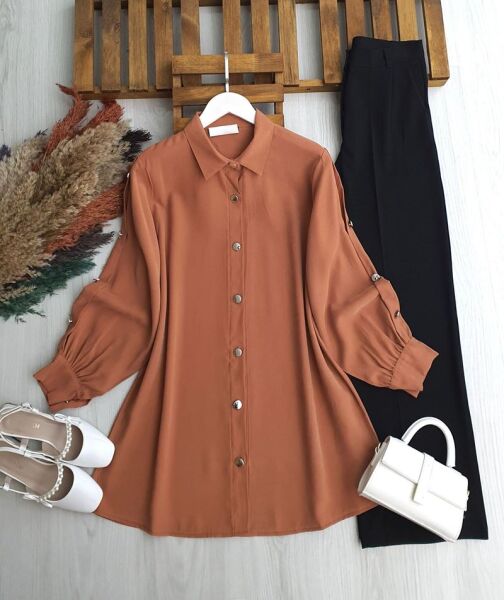 GİLNE KOL DÜĞME DETAYLI SALAŞ TUNİK B2-4-5673-06-KİREMİT - 1