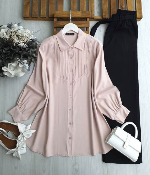 GOBE ÖNÜ NEVRULU GÖMLEK TUNİK B2-5-5609-05-PUDRA - 1