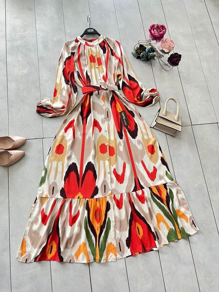 GÖKTO ÖNÜ DÜĞMELİ KEMERLİ HAKİM YAKA ELBİSE A10-4-2262-03-KIRMIZI - 1