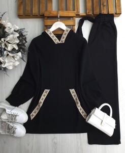 GOLEN KANGURU CEP ETNİK DESEN ŞERİTLİ TUNİK 5644-01-SİYAH - 