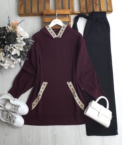 GOLEN KANGURU CEP ETNİK DESEN ŞERİTLİ TUNİK 5644-04-BORDO - 