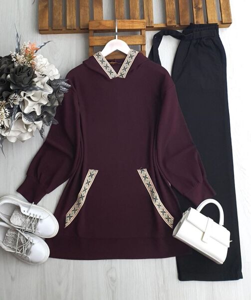 GOLEN KANGURU CEP ETNİK DESEN ŞERİTLİ TUNİK 5644-04-BORDO - 1