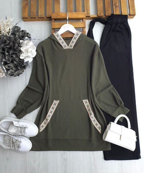 GOLEN KANGURU CEP ETNİK DESEN ŞERİTLİ TUNİK 5644-09-HAKİ - 1