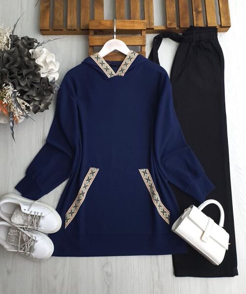 GOLEN KANGURU CEP ETNİK DESEN ŞERİTLİ TUNİK 5644-12-LACİVERT - 1