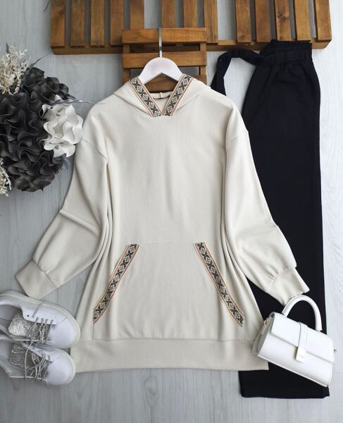 GOLEN KANGURU CEP ETNİK DESEN ŞERİTLİ TUNİK 5644-34-BEJ - 1