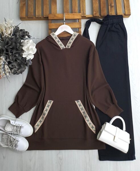 GOLEN KANGURU CEP ETNİK DESEN ŞERİTLİ TUNİK 5644-37-KAHVE - 1