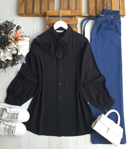 GONA BALON KOL ÖN VEYA YAKA İP BAĞLAMALI GÖMLEK TUNİK A10-3-5532-01-SİYAH - 1