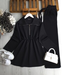 GOYD BELİ LASTİKLİ FERMUARLI KIVRIK YAKA TUNİK B9-1-5649-01-SİYAH - 