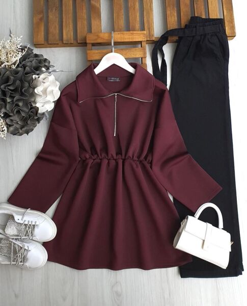 GOYD BELİ LASTİKLİ FERMUARLI KIVRIK YAKA TUNİK B9-1-5649-04-BORDO - 1