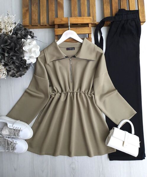 GOYD BELİ LASTİKLİ FERMUARLI KIVRIK YAKA TUNİK B9-1--5649-09-HAKİ - 1