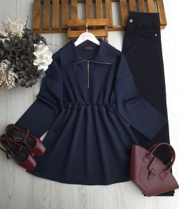 GOYD BELİ LASTİKLİ FERMUARLI KIVRIK YAKA TUNİK 5649-12-LACİVERT - 