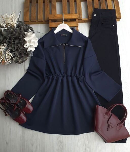 GOYD BELİ LASTİKLİ FERMUARLI KIVRIK YAKA TUNİK 5649-12-LACİVERT - 1