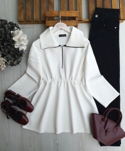 GOYD BELİ LASTİKLİ FERMUARLI KIVRIK YAKA TUNİK 5649-20-BEYAZ - 