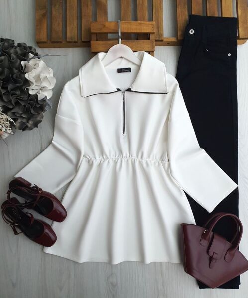 GOYD BELİ LASTİKLİ FERMUARLI KIVRIK YAKA TUNİK 5649-20-BEYAZ - 1