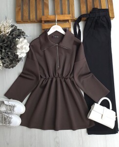 GOYD BELİ LASTİKLİ FERMUARLI KIVRIK YAKA TUNİK B9-1-5649-37-KAHVE - 